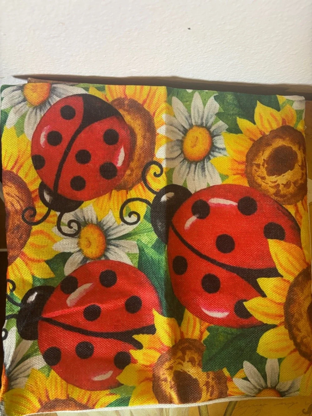 Ladybugs and Sunflowers Throw Pillow Cover 15”X15”